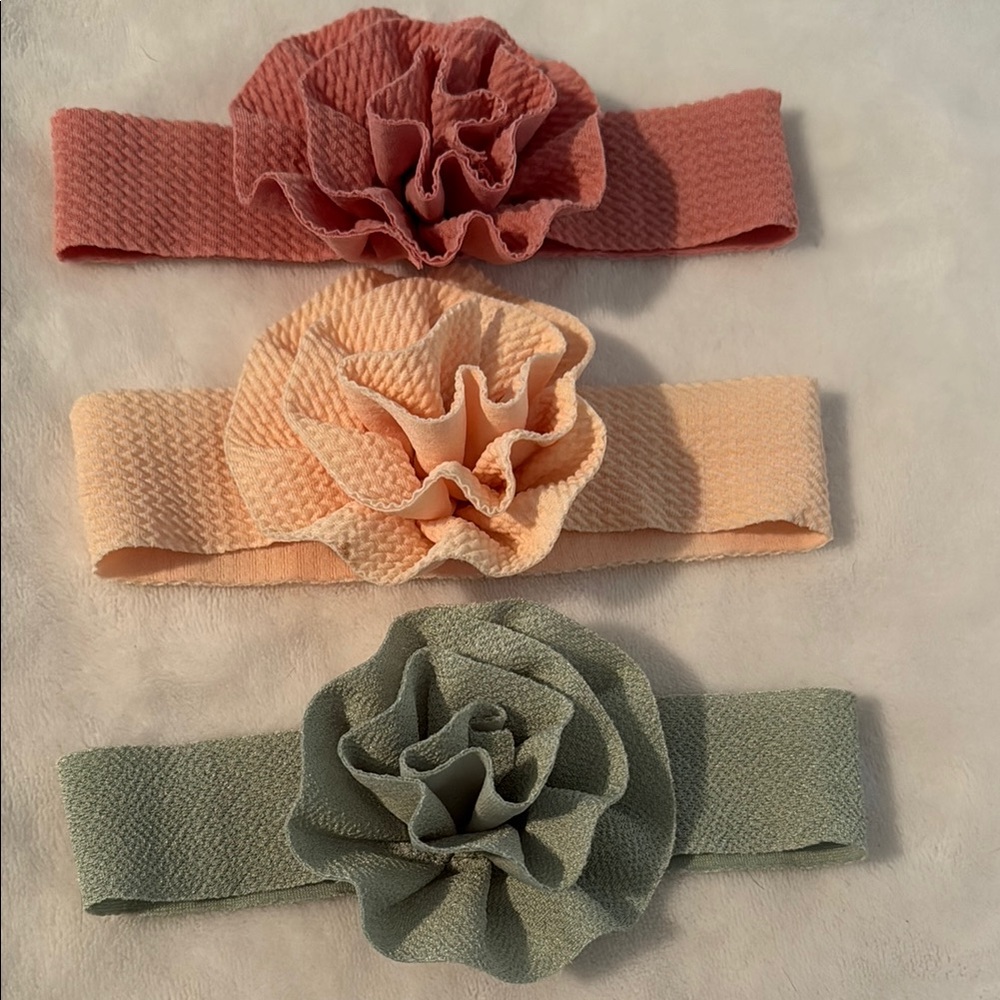 Set of Three Textured Headbands with Floral Accents for baby girls